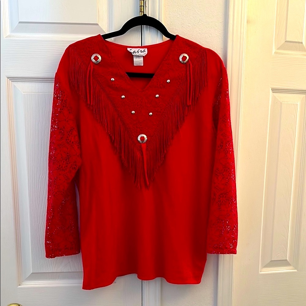 Woman’s Vintage Sas’sa Red Fringe WesternTop Size Large